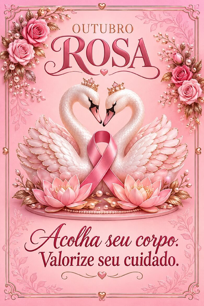 Cartão Outubro Rosa com dois cisnes brancos formando um coração com os pescoços e fita rosa ao centro